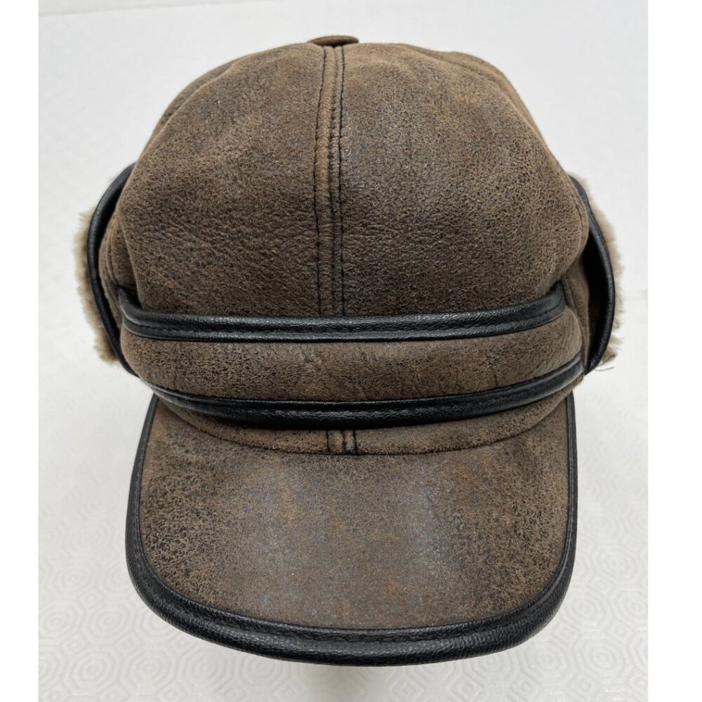 Paul Leinburd Crowncap Shearling Leather Aviator Trapper Earflap Brown Hat Large